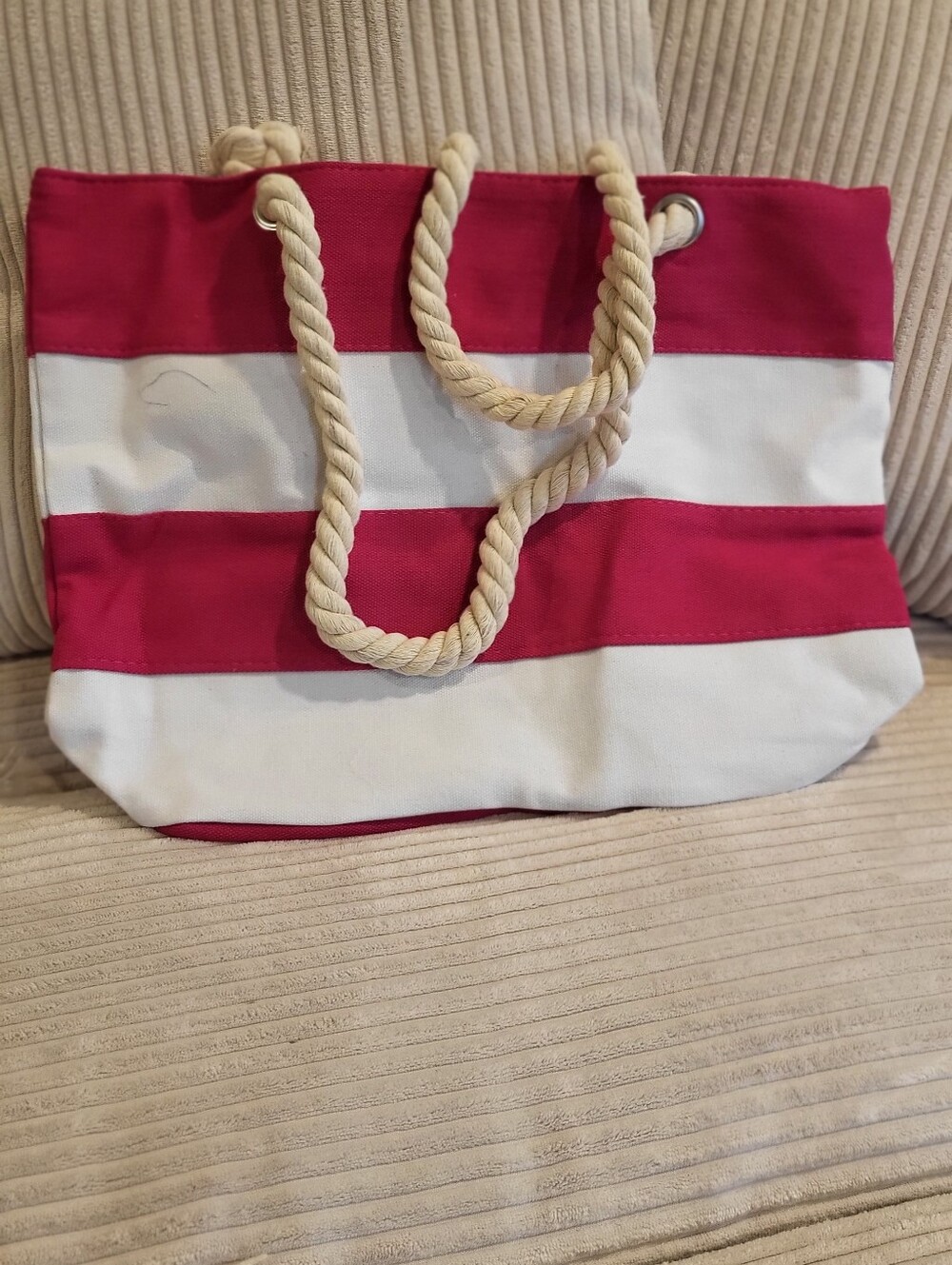 Striped Red  and White Rope-Handle Tote Bag